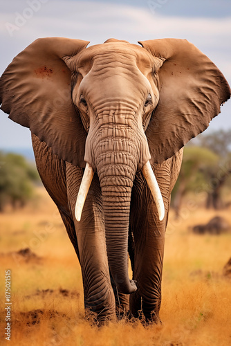 Detailed close-up of an African bush elephant, highlighting its tusks, trunk, and wrinkled skin. The image captures the majestic and powerful presence of the elephant in its natural habitat.