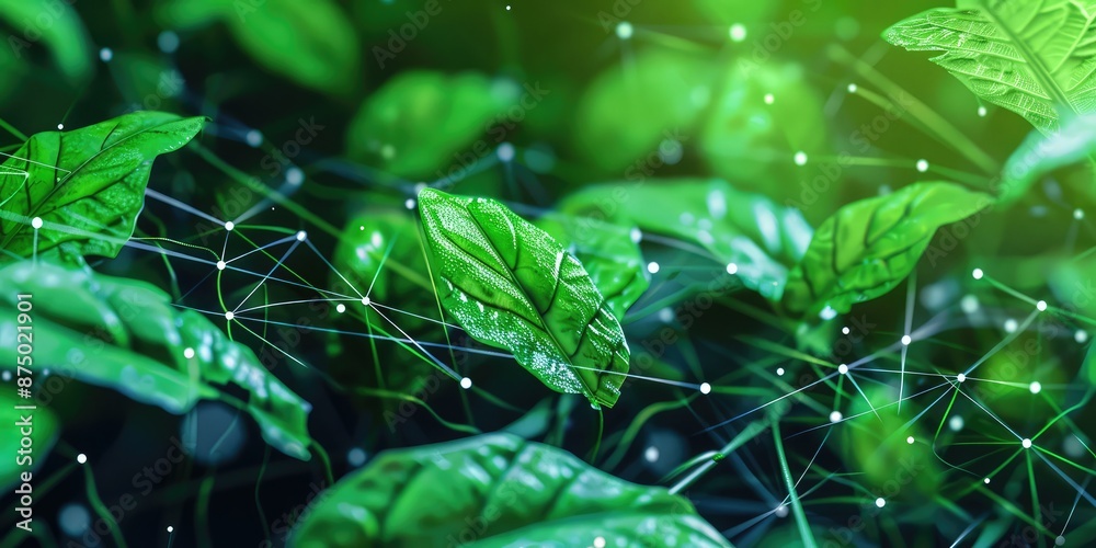 Vibrant Green Leaves with Digital Network