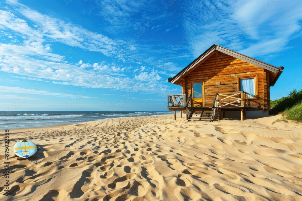 Holiday house on the beach. Wooden house with boards for wind serfing on a sand beach. Summer vacation concept Holiday house on the beach. Wooden house with boards for wind serfing on a sand beach. Summer vacation concept