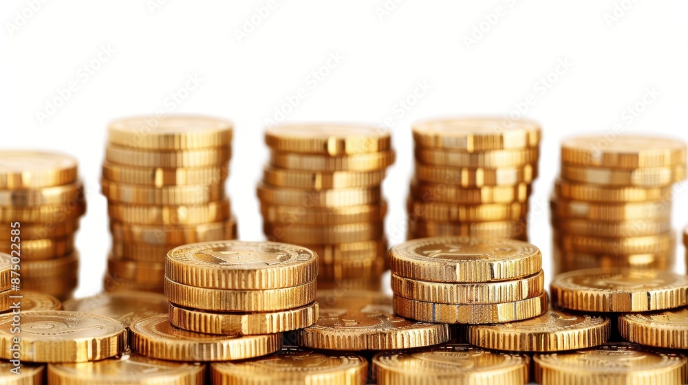 Elegant stacks of gold coins, top view, white background, excellent details, illustration background Elegant stacks of gold coins, top view, white background, excellent details, illustration background