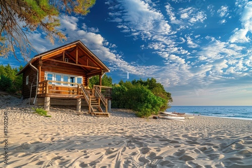 Holiday house on the beach. Wooden house with boards for wind serfing on a sand beach. Summer vacation concept photo