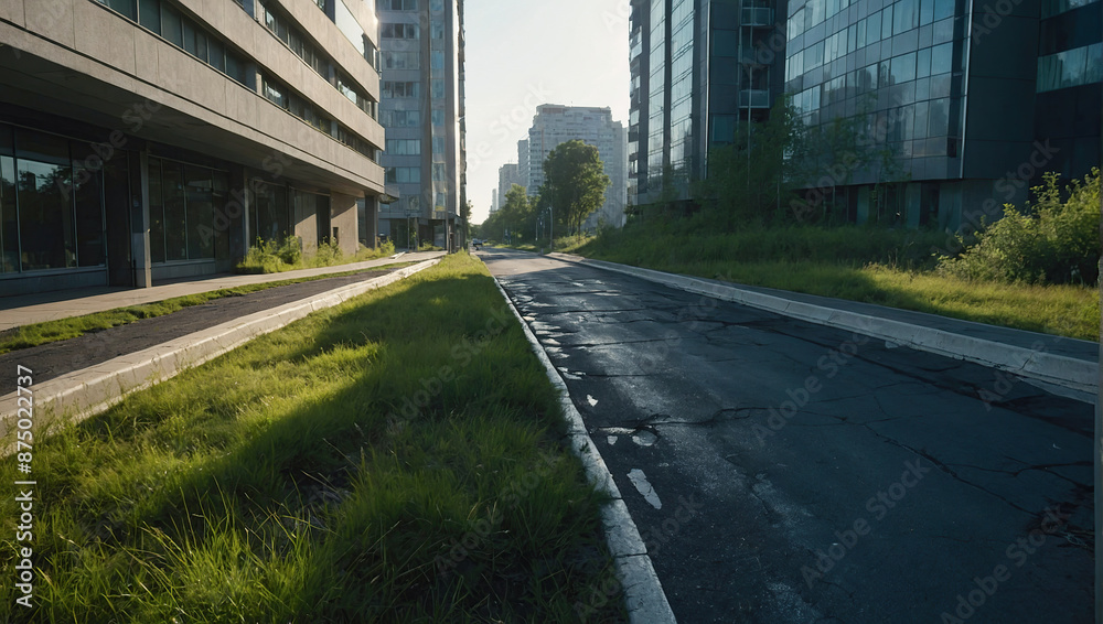 Fototapeta premium An urban street overgrown with vegetation, modern buildings stand silent, untouched by humanity for years.