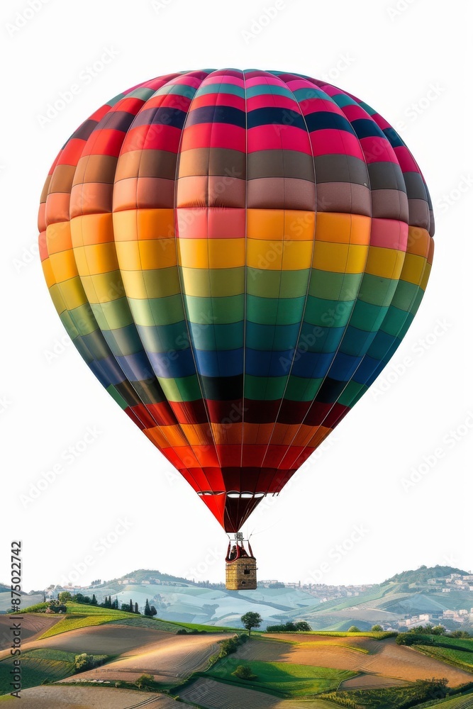 A hot air balloon in a kaleidoscope of colors floats gently above a rolling hills and lush green forests, under a bright blue sky. The scene exudes a sense of peace and tranquility. A hot air balloon in a kaleidoscope of colors floats gently above a rolling hills and lush green forests, under a bright blue sky. The scene exudes a sense of peace and tranquility.