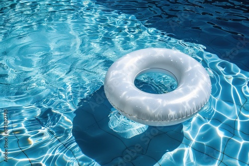 inflatable pool float on the clear blue water of a swimming pool under bright sunlight