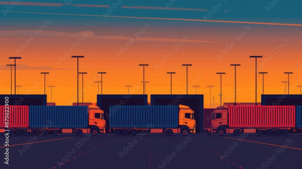 Silhouette of a logistics hub with multiple transportation vehicles, logistic operations, integrated transport network Silhouette of a logistics hub with multiple transportation vehicles, logistic operations, integrated transport network