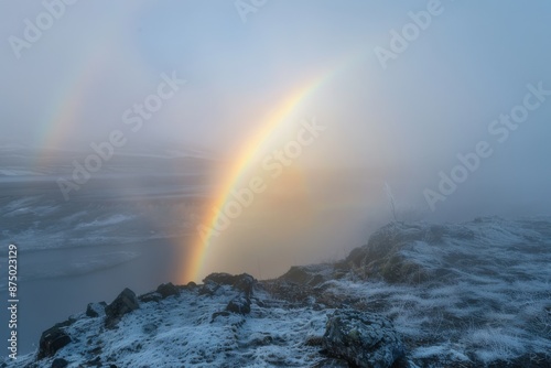 Extremely rare white rainbow (fogbow) over misty landscape. Ethereal light. 