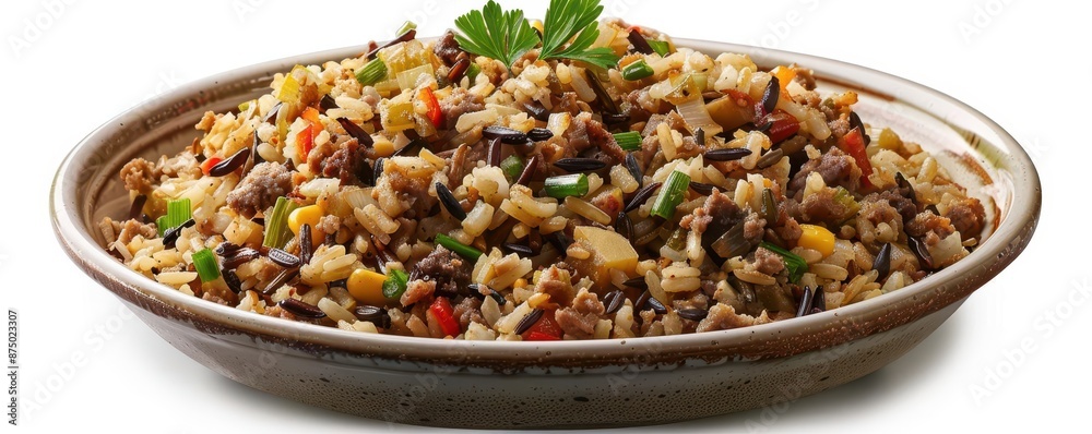 A bowl of wild rice stuffing, holiday dish, photorealistic style, earthy tones, isolated on white background A bowl of wild rice stuffing, holiday dish, photorealistic style, earthy tones, isolated on white background