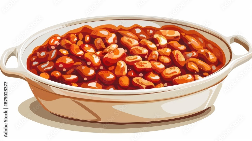 A dish of baked beans, holiday side, vector illustration, savory tones, isolated on white background A dish of baked beans, holiday side, vector illustration, savory tones, isolated on white background
