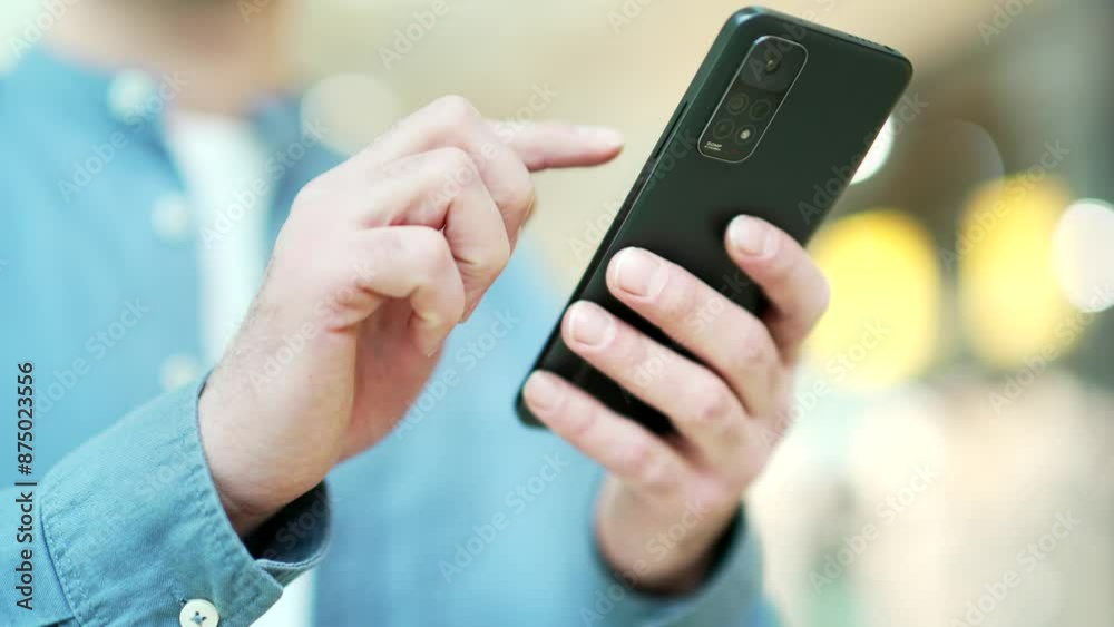 Сlose up male hand using smartphone communication with light bokeh standing indoor shopping center mall. Man in blue shirt use online store for discount, sale promotions using a mobile phone Closeup Сlose up male hand using smartphone communication with light bokeh standing indoor shopping center mall. Man in blue shirt use online store for discount, sale promotions using a mobile phone Closeup