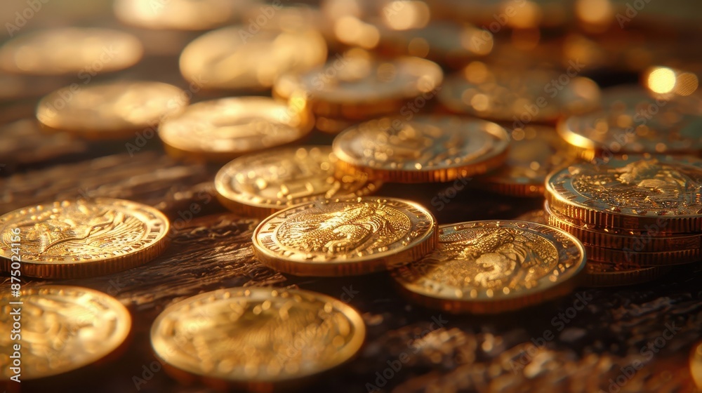 Realistic gold coins scattered on a wooden table, high resolution, illustration background Realistic gold coins scattered on a wooden table, high resolution, illustration background