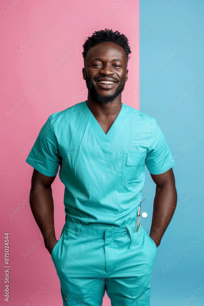 A friendly African American male dentist with a warm smile, dressed in a turquoise scrub suit, standing against a pink and blue background, holding dental tools in his pocket A friendly African American male dentist with a warm smile, dressed in a turquoise scrub suit, standing against a pink and blue background, holding dental tools in his pocket