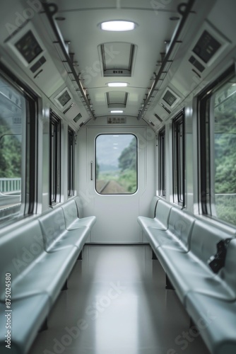 A serene and peaceful atmosphere fills the empty train compartment, with a breathtaking scenic view unfolding through the window. The perfect setting to relax and unwind.