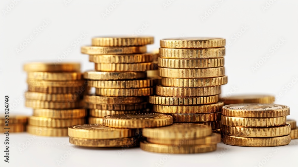 Stacked gold coins in a neat arrangement, white background, high resolution, illustration background Stacked gold coins in a neat arrangement, white background, high resolution, illustration background