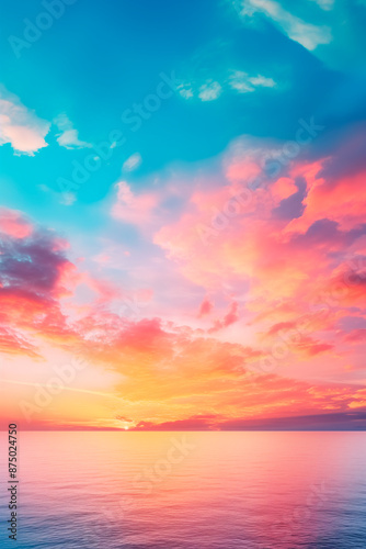 A fantasy sunset sky with vibrant colors and dramatic clouds, creating a breathtaking and serene panoramic view.