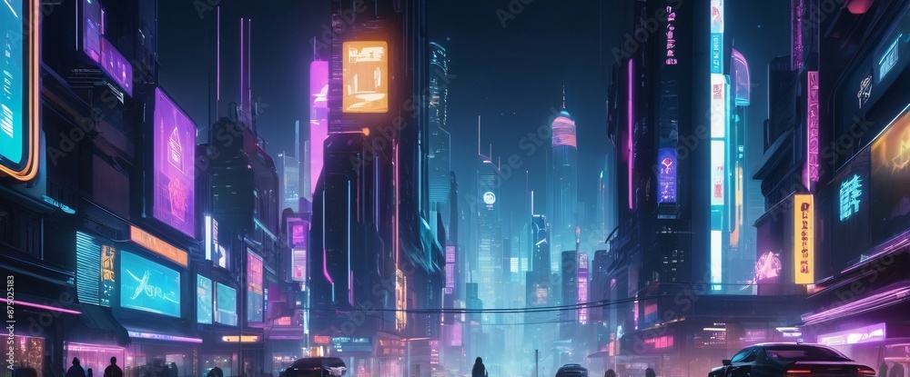 Fototapeta premium a futuristic, cyberpunk-inspired cityscape at night, with neon lights and holographic advertisements glowing brightly. Use a wide-angle lens and a cool color palette to evoke a sense of mystery