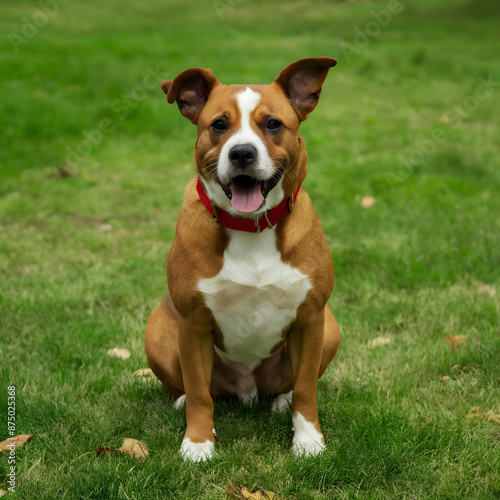 Jack russell terrier puppy dog standing on field of grass 