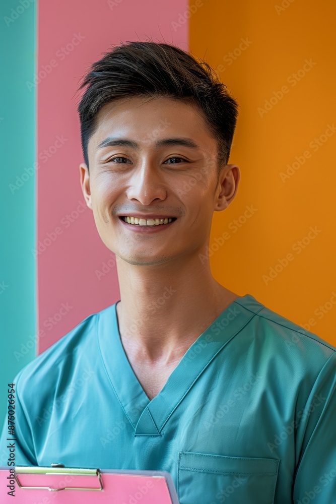 Fototapeta premium Happy smiling doctor holding a clipboard, wearing a green scrub shirt