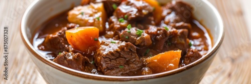 Delicious Bowl of Stewed Beef, Rich in Flavor and Tenderness, Perfect for Comfort Food Lovers and Culinary Enthusiasts, Highlighting the Warmth and Satisfaction of a Hearty Meal photo