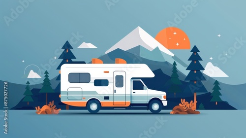 Illustration of a camper van parked in a scenic mountain landscape with pine trees and a vibrant sunset. © HDP-STUDIO