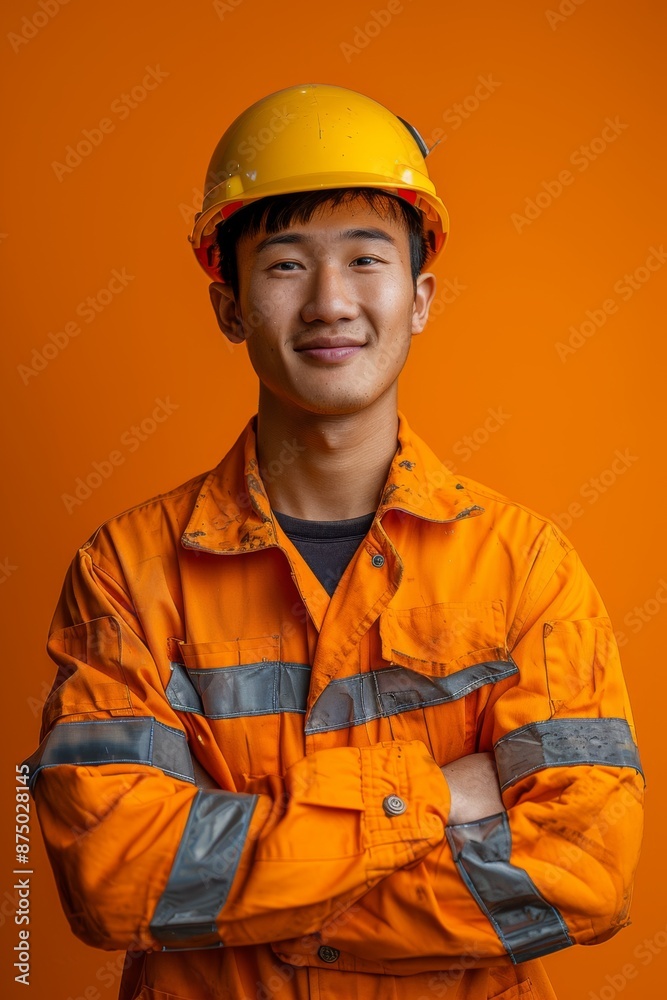 Portrait of a young construction worker wearing a hard hat, standing with arms crossed in a confident pose Portrait of a young construction worker wearing a hard hat, standing with arms crossed in a confident pose