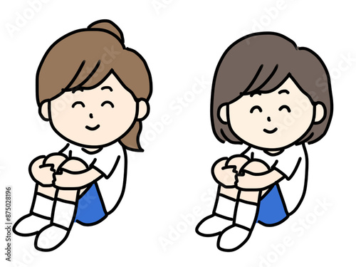 笑顔で座る女の子たちのイラスト