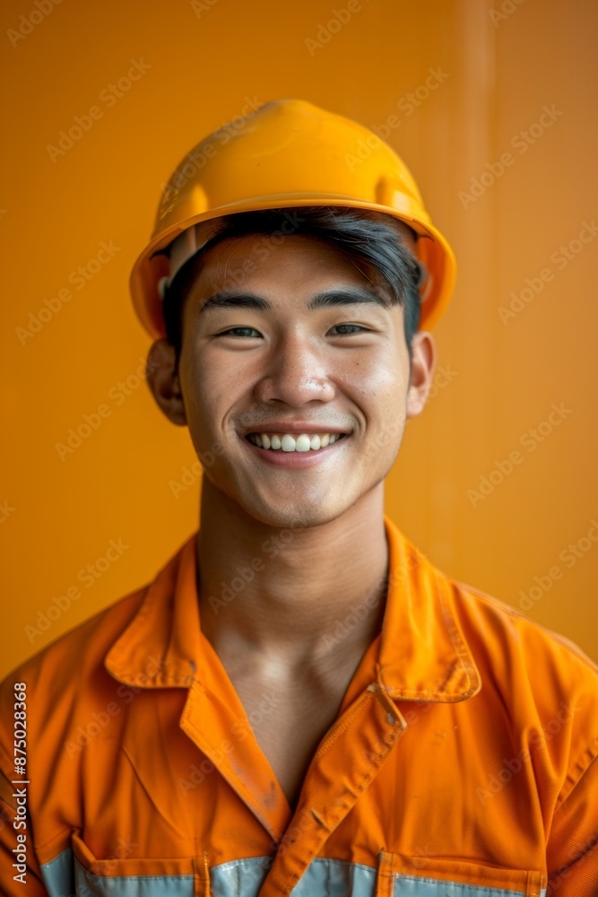 Portrait of a smiling Asian construction worker wearing a yellow hard hat and orange jumpsuit Portrait of a smiling Asian construction worker wearing a yellow hard hat and orange jumpsuit