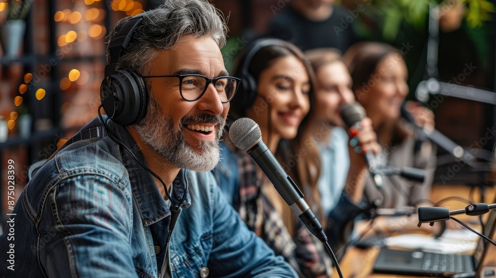 Group of podcast hosts interacting with virtual audience feedback during recording Group of podcast hosts interacting with virtual audience feedback during recording