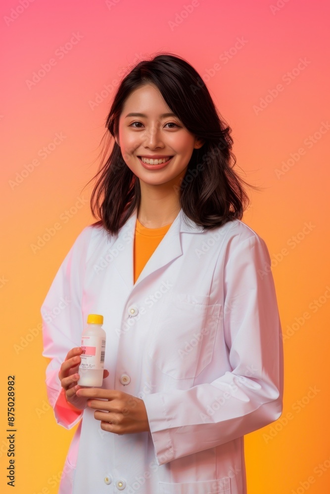Smiling female scientist holding a small bottle in a lab coat Smiling female scientist holding a small bottle in a lab coat