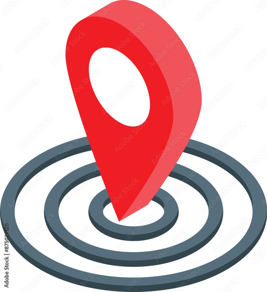 Red location pin pointing inside multiple circles target representing finding the right place Red location pin pointing inside multiple circles target representing finding the right place