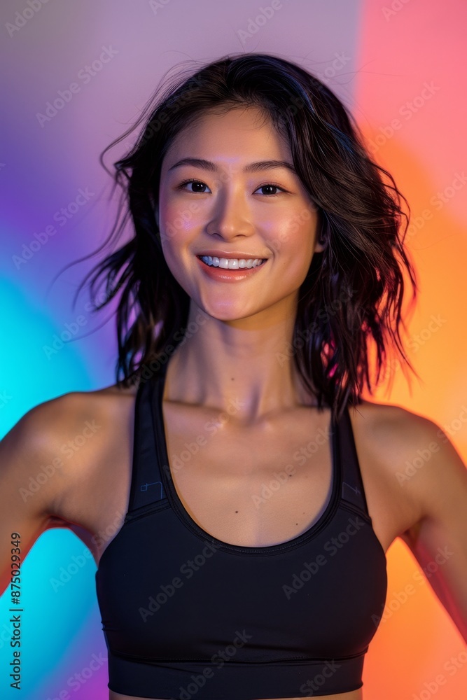 Fototapeta premium Closeup portrait of a smiling woman with dark hair, wearing a black sports bra, against a colorful background