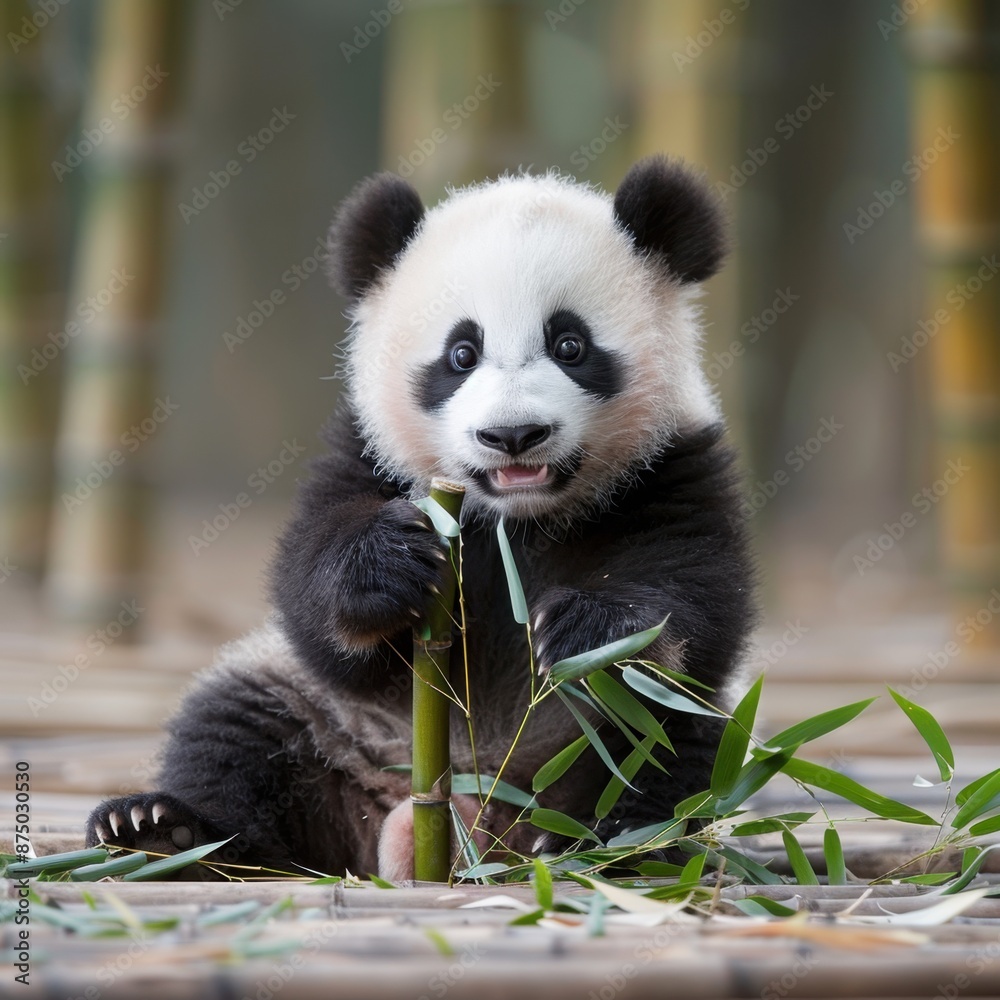 Fototapeta premium Baby panda with a bamboo shoot ,isolate ,minimal, simple background