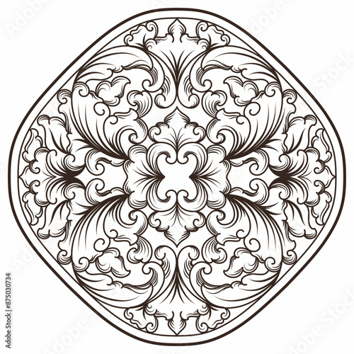 Isolated ornamental design. Ornamental elements for your designs. Black and white colors. Floral carving decoration for postcards, invitations, social media or wedding.