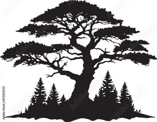 Cedar Tree Silhouette Image, vector black color silhouette 