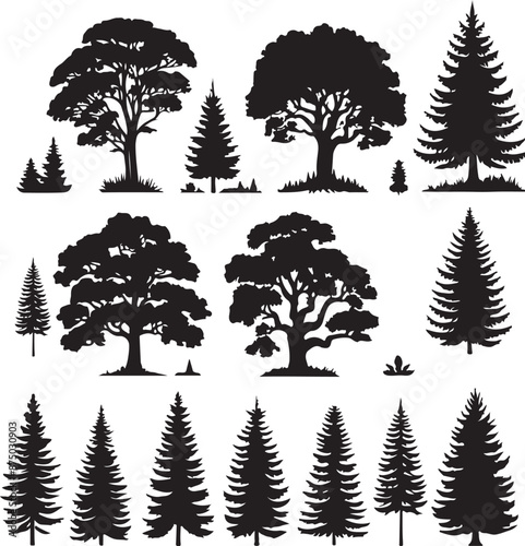 Free vector vintage trees and forest silhouettes vector black color silhouette