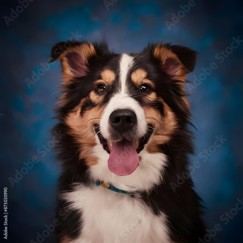 Cute border collie dog smiling on the blue background © Shahed Shoeb