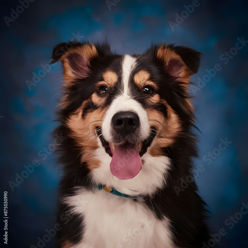 Cute border collie dog smiling on the blue background