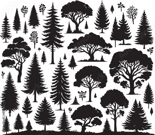 Free vector vintage trees and forest silhouettes vector black color silhouette