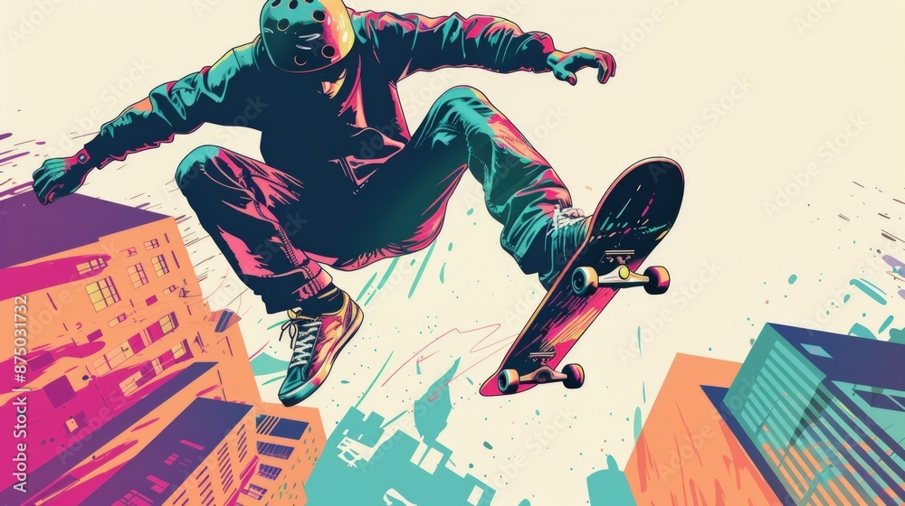 A man is doing a trick on a skateboard in a city, summer Olympics A man is doing a trick on a skateboard in a city, summer Olympics
