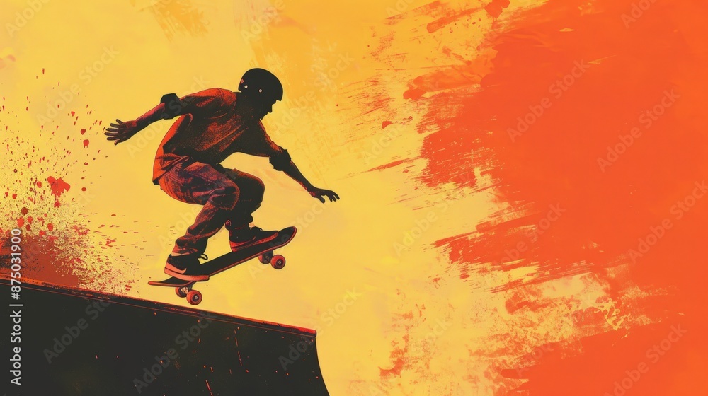 Naklejka premium A skateboarder is in mid-air, performing a trick on a ramp, summer Olympics