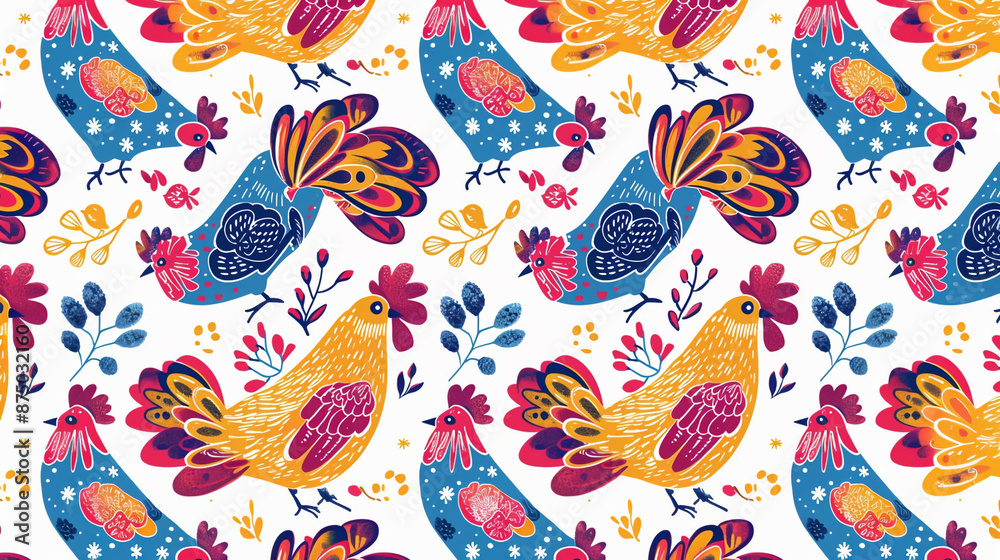 Naklejka premium Cute pattern with colorful colorful poultry birds