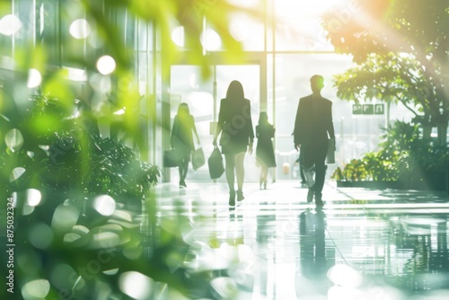 Blurred Business People Walking in Office Corridor with Green Trees and Sunlight, Capturing the Dynamic and Energetic Atmosphere of a Trade Show, Perfect for Themes of Business Activity and Networking photo