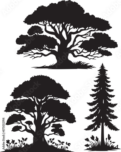 Free vector vintage trees and forest silhouettes vector black color silhouette