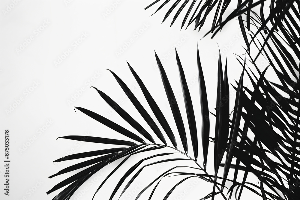 Obraz premium Black palm leaf silhouette on white background with copy space, tropical plant and summer concept design in the style of tropical plant and summer.
