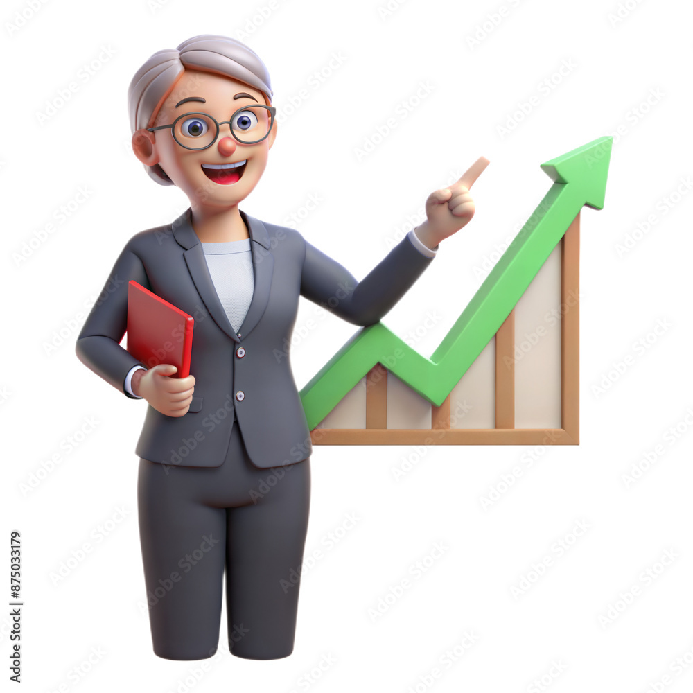 Smiling Businesswoman Pointing at Upward Trend Graph Smiling Businesswoman Pointing at Upward Trend Graph