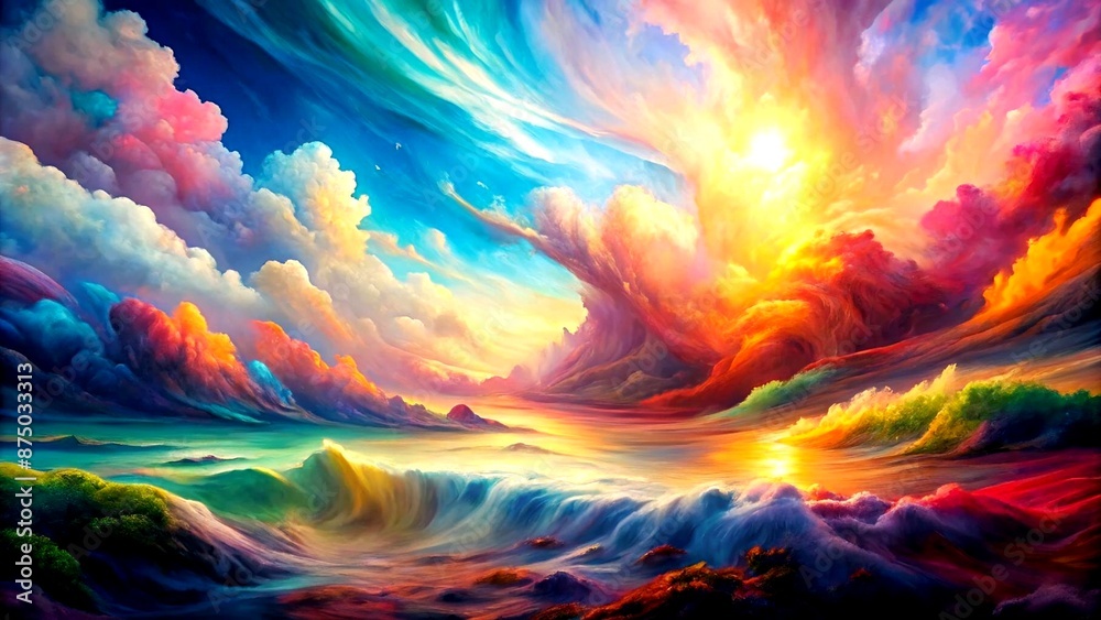 A symphony of vibrant hues, cascading down the canvas, evokes the untamed spirit of nature's boundless energy. Generative AI Neural network art A symphony of vibrant hues, cascading down the canvas, evokes the untamed spirit of nature's boundless energy. Generative AI Neural network art