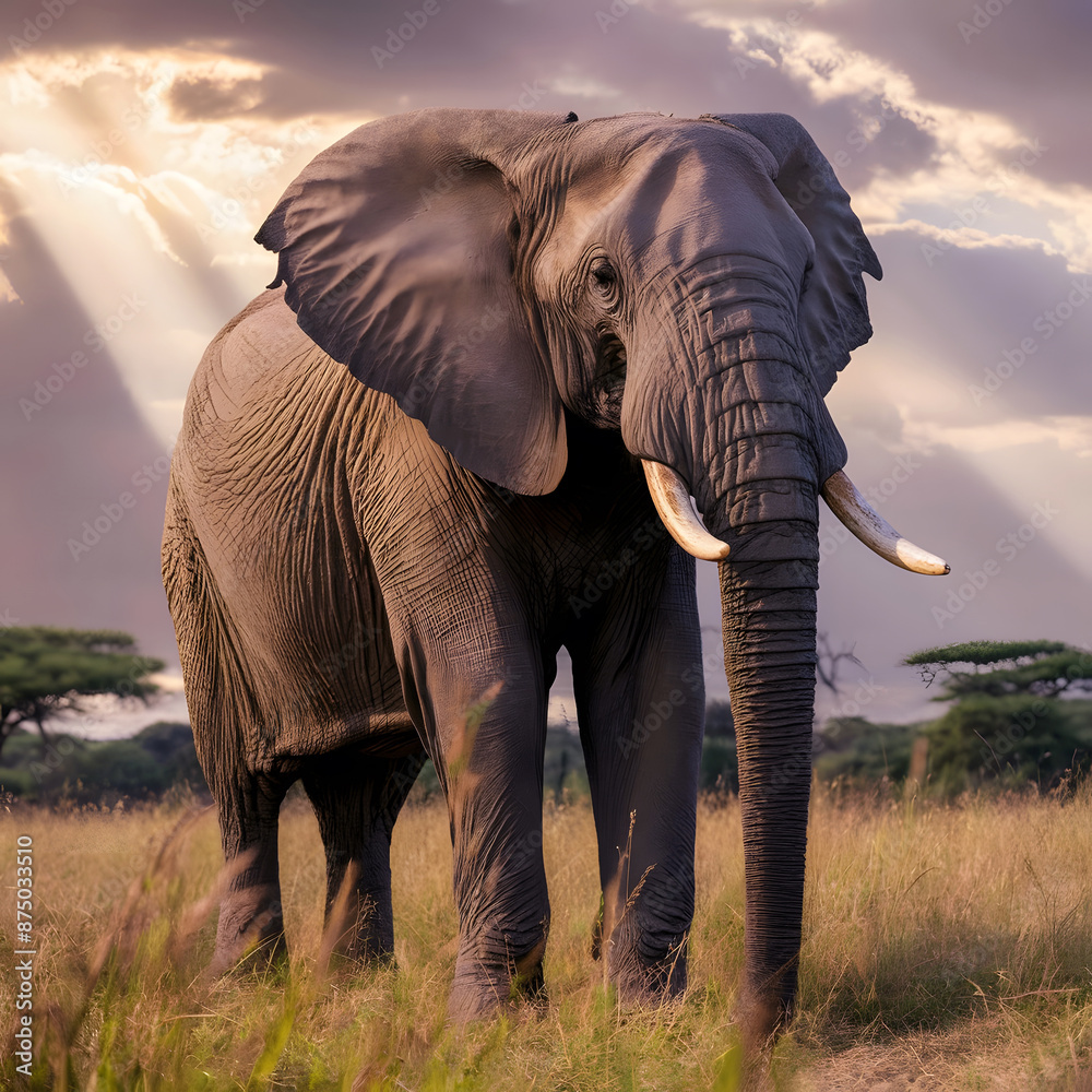 Obraz premium A big wild elephant stand on the field with background sky and jungle