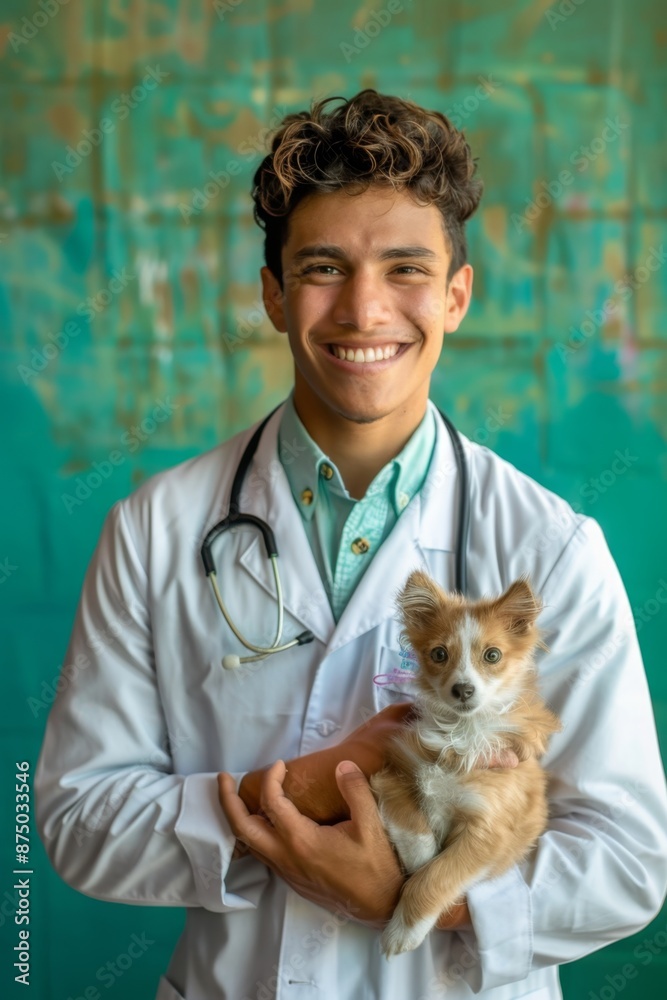 A smiling veterinarian holding a small puppy in his arms A smiling veterinarian holding a small puppy in his arms