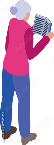 Isometric illustration of a senior woman standing and enjoying a book