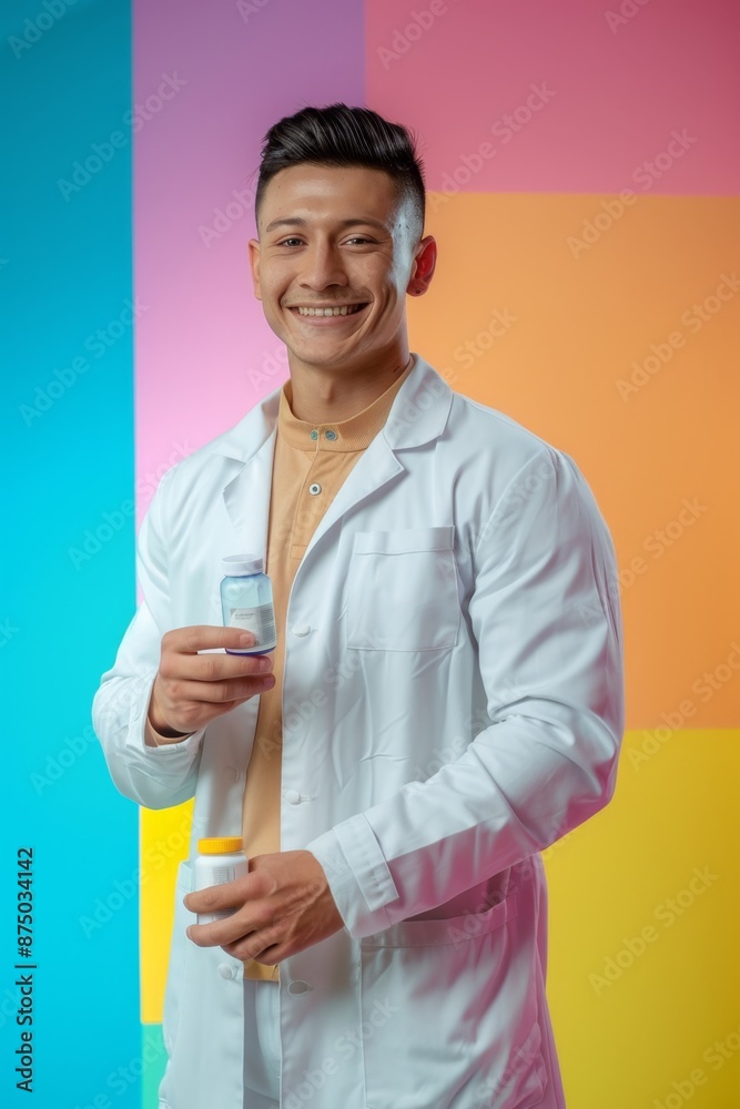 A young male doctor smiling and holding two bottles of medicine A young male doctor smiling and holding two bottles of medicine