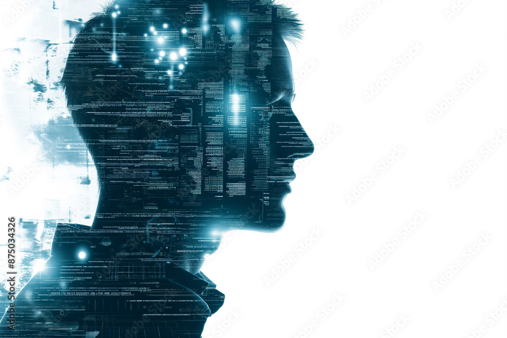 Male face with superimposed image of abstract digital elements, numbers, graphs, databases on white background. Double exposure. Concept of technology and innovation, memory and brain processes Male face with superimposed image of abstract digital elements, numbers, graphs, databases on white background. Double exposure. Concept of technology and innovation, memory and brain processes